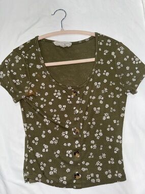 Hippie Rose Olive Green Floral Button Scoop Neck Top